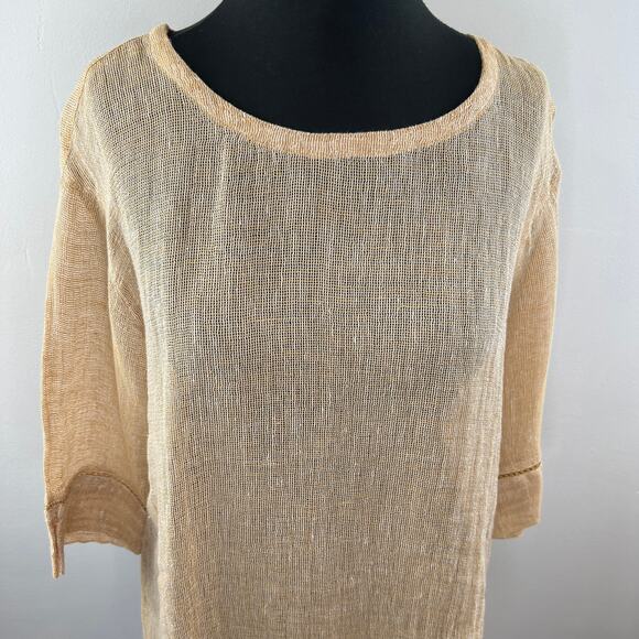J. Jill Pure Jill Linen Tan Open-Knit 3/4 Sleeve Round Neck Top Lightweight M - Picture 2 of 7
